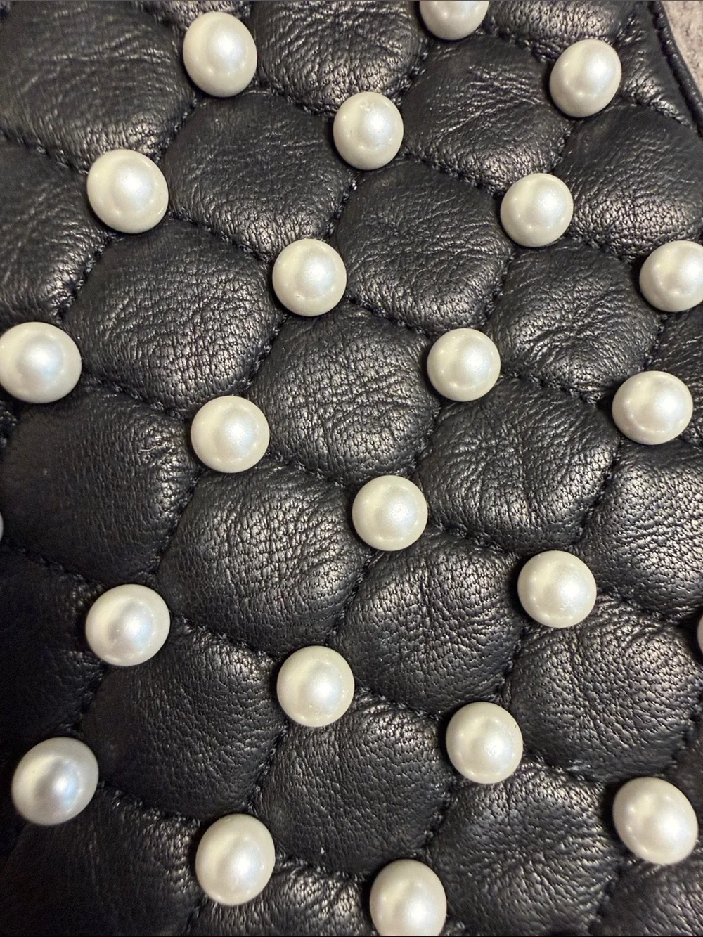 Bloomingdale's Black Leather Cashmere Lined Gloves with Pearl Stud Accents